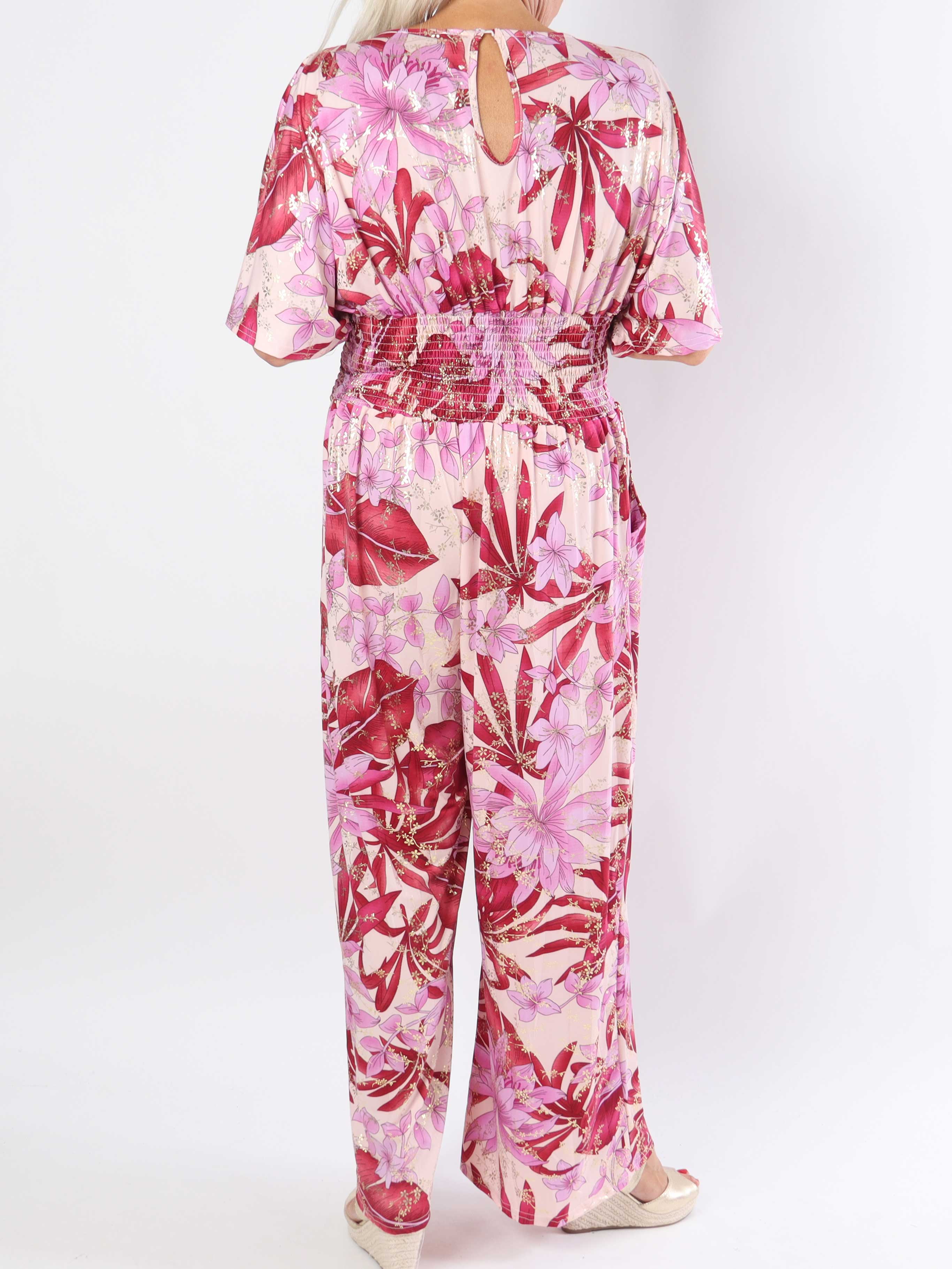 Pams Jumpsuit - Elastisk plus size buksedragt med bladmønster